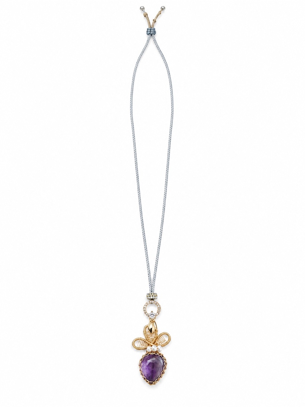 Handmade Purple Stone Pendant Necklace Gold Wire Wrapped Pearl Adjustable Cord